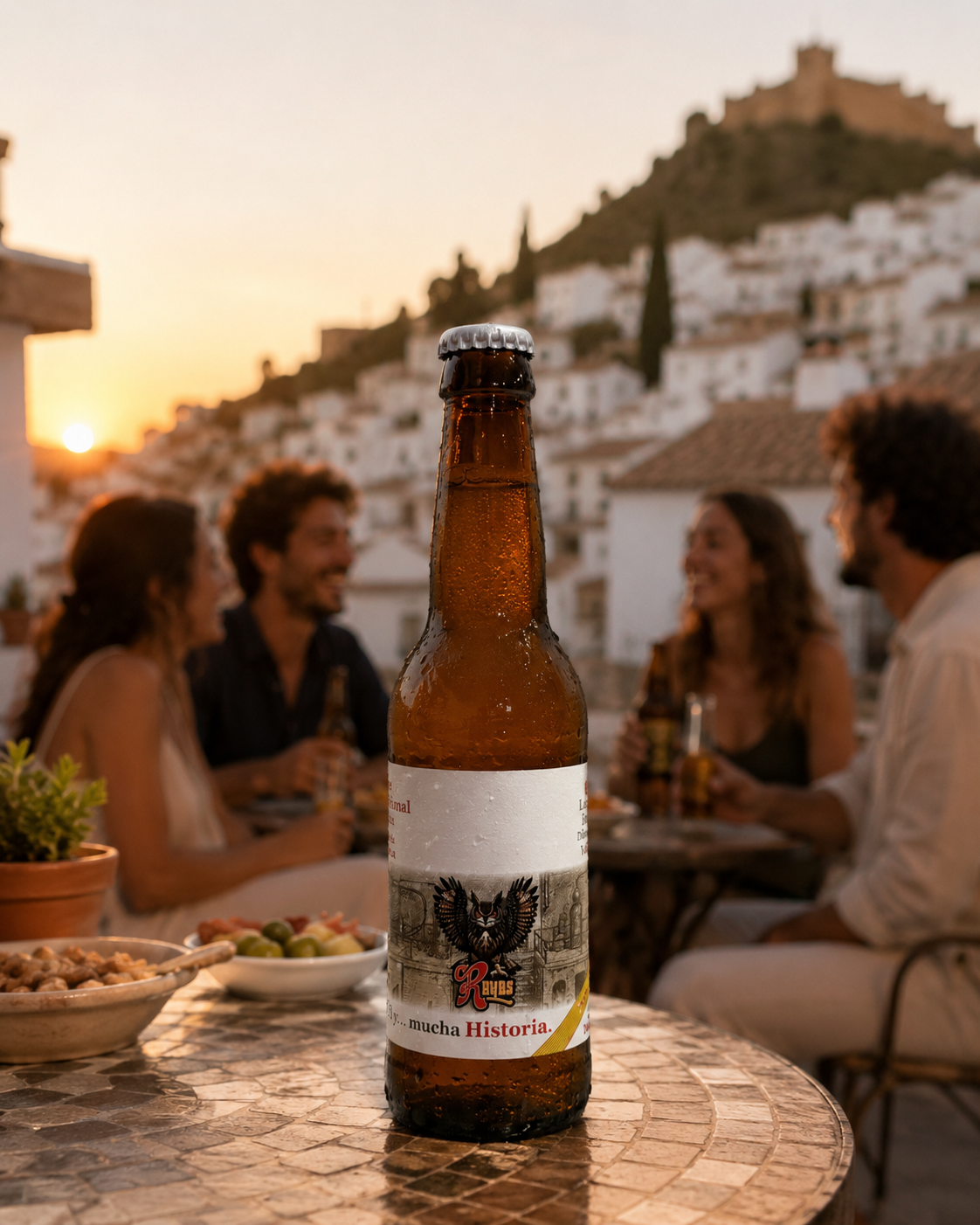 Amigos compartiendo La Pócima Prohibida al atardecer