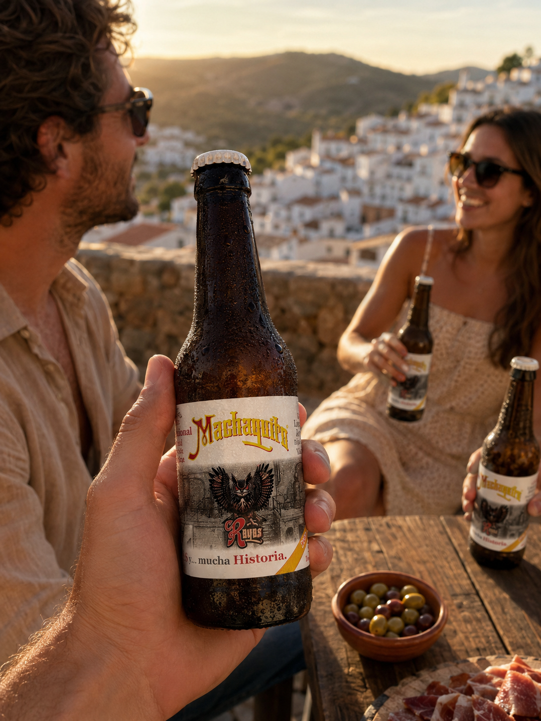 Amigos compartiendo La Pócima Prohibida con vistas al pueblo
